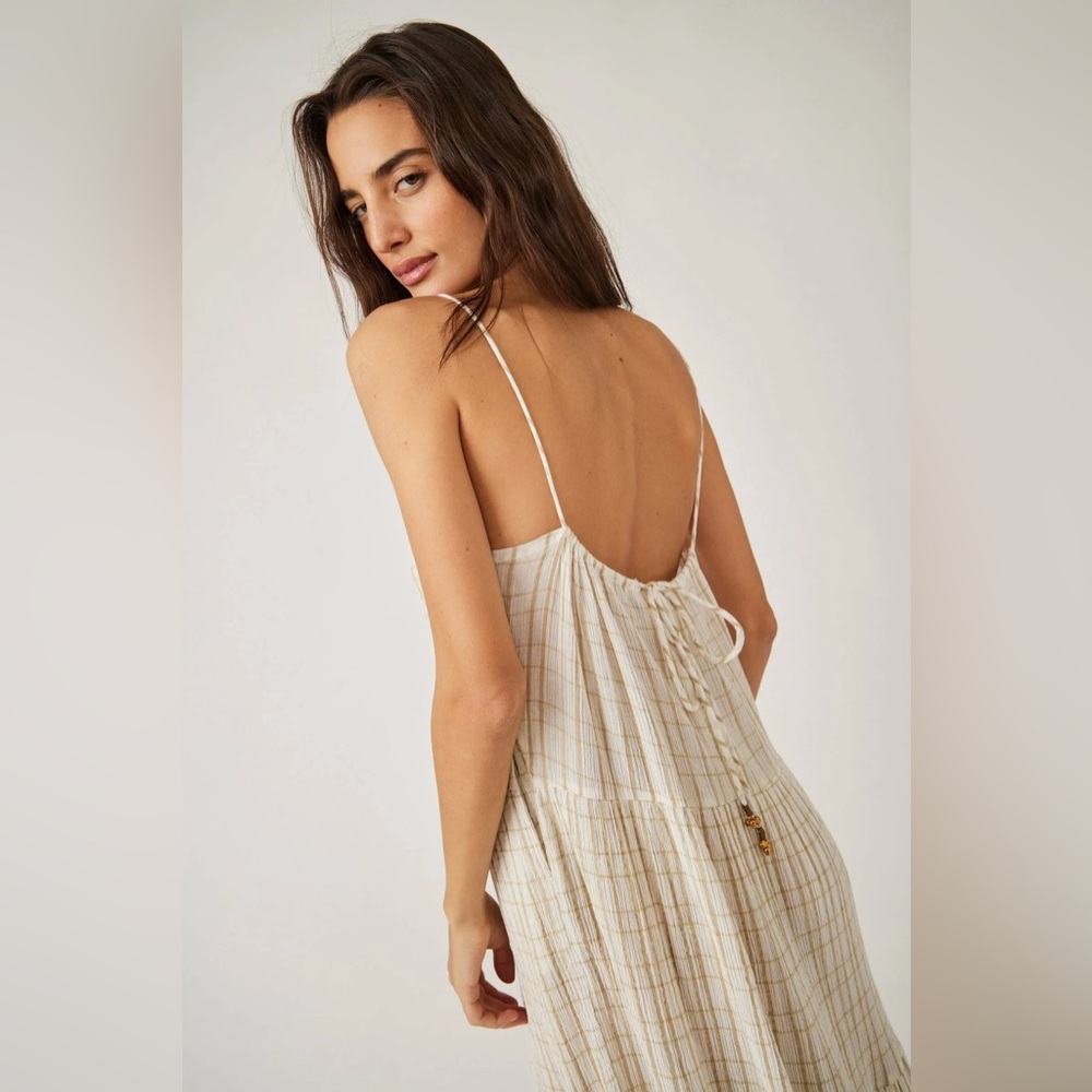 NWT Free People Marigold Gauzy Plaid Tiered Maxi Dress in Canvas Combo Sz XL - Picture 2 of 16
